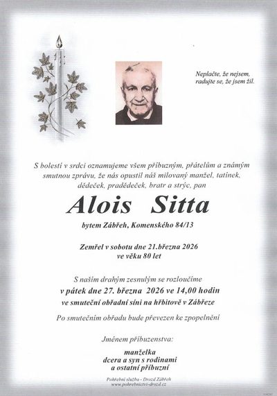 Smuteční oznámení – Alois Sitta