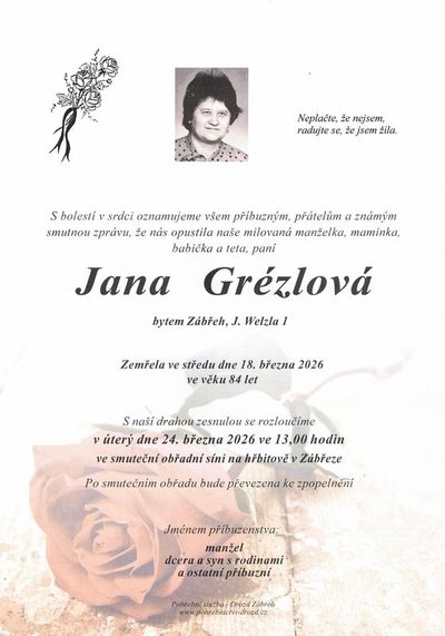 Smuteční oznámení – Jana Grézlová