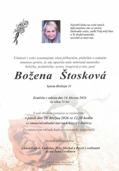 Smuteční oznámení – Božena Štosková