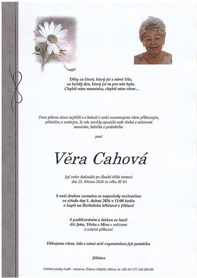 Smuteční oznámení – Věra Cahová