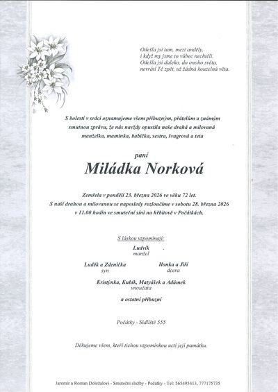 Smuteční oznámení – Miládka Norková