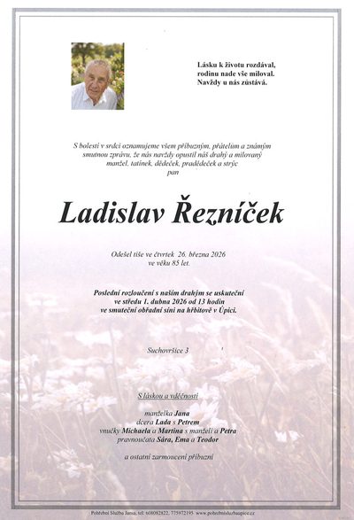 Smuteční oznámení – Ladislav Řezníček