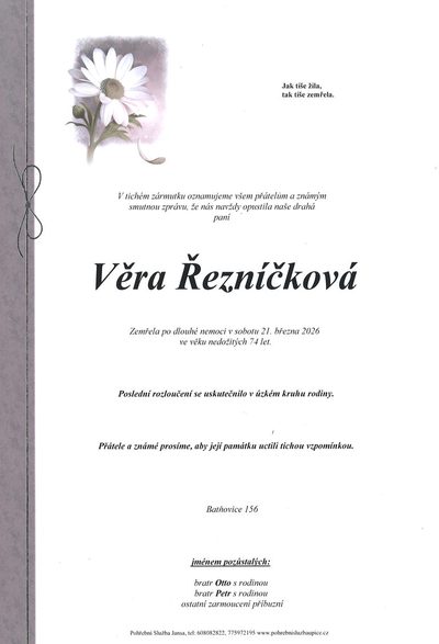 Smuteční oznámení – Věra Řezníčková