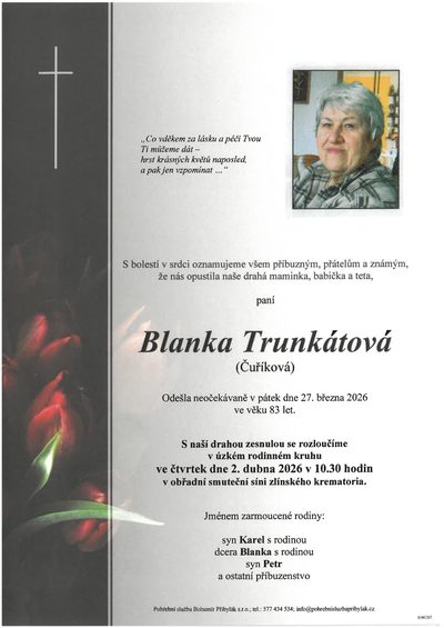 Smuteční oznámení – Blanka Trunkátová