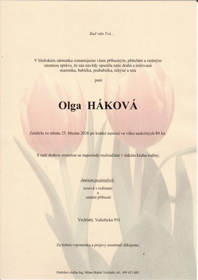 Smuteční oznámení – Olga Háková