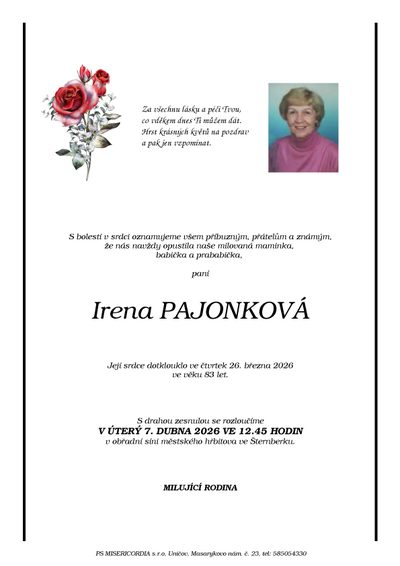 Smuteční oznámení – Irena Pajonková
