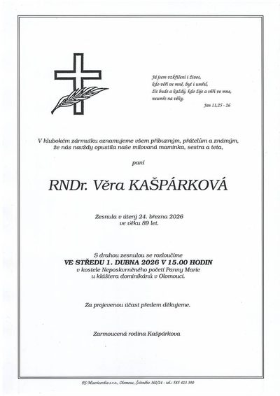 Smuteční oznámení – Věra Kašpárková
