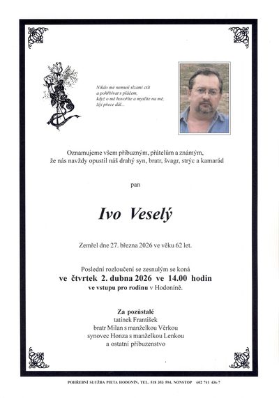 Smuteční oznámení – Ivo Vesely
