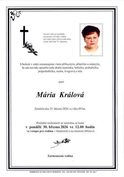 Smuteční oznámení – Mária Králová