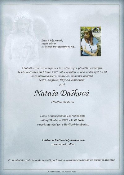 Smuteční oznámení – Snaší Dašková