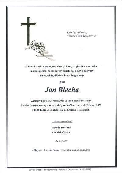 Smuteční oznámení – Jan Blecha