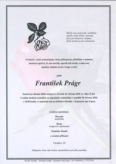 Smuteční oznámení – František Prágr