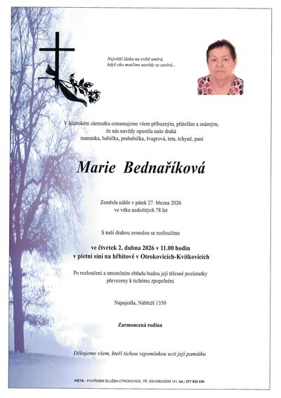 Smuteční oznámení – Zemřela Bednaříková