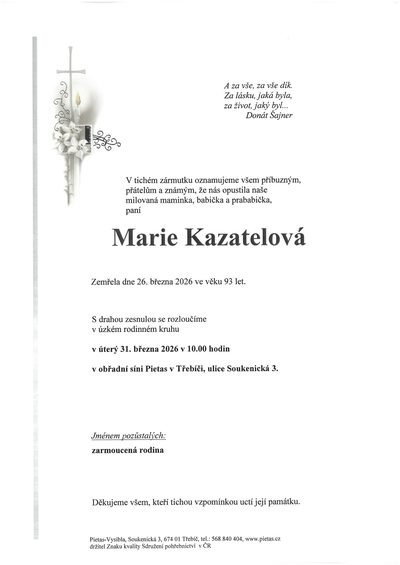 Smuteční oznámení – Marie Kazatelová