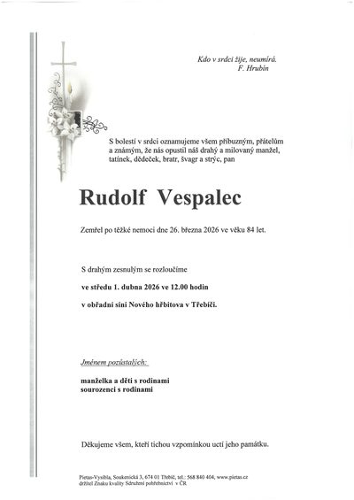 Smuteční oznámení – Rudolf Vespalec