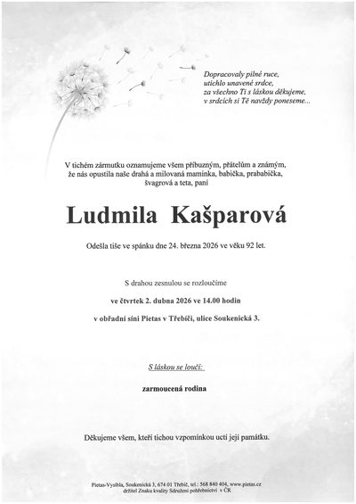 Smuteční oznámení – Ludmila Kašparová