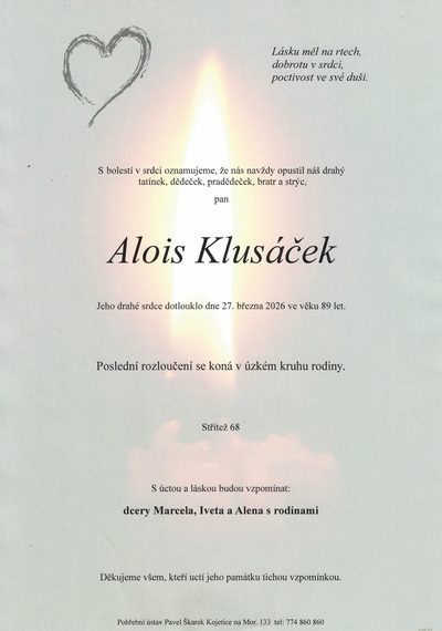 Smuteční oznámení – Alois Klusáček