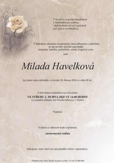 Smuteční oznámení – Milada Havelková