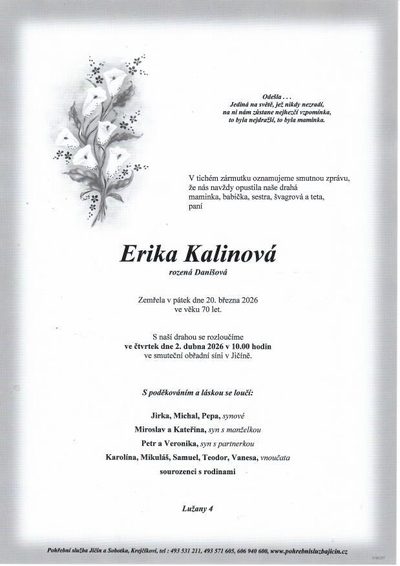 Smuteční oznámení – Erika Kalinová