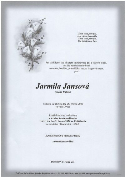 Smuteční oznámení – Jarmila Jansová