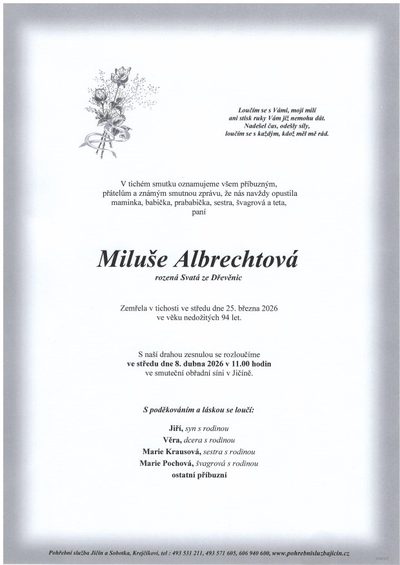 Smuteční oznámení – Miluše Albrechtová