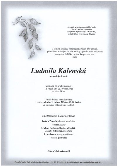 Smuteční oznámení – Ludmila Kalenská