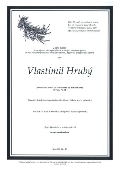 Smuteční oznámení – Vlastimil Hrubý