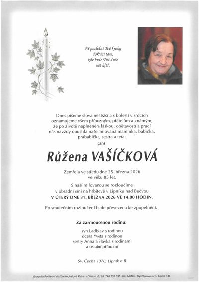 Smuteční oznámení – Růžena Vašíčková