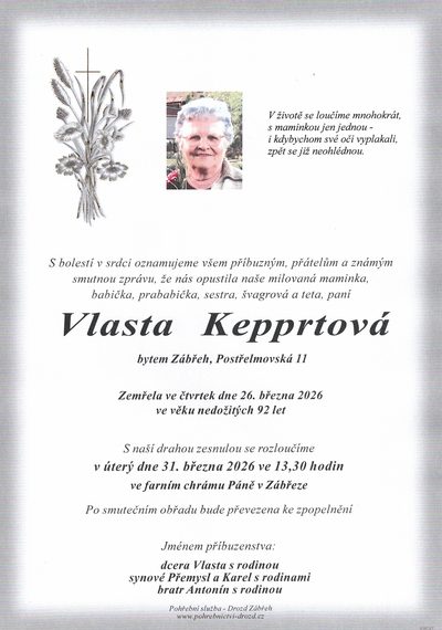 Smuteční oznámení – Vlasta Kepprtová