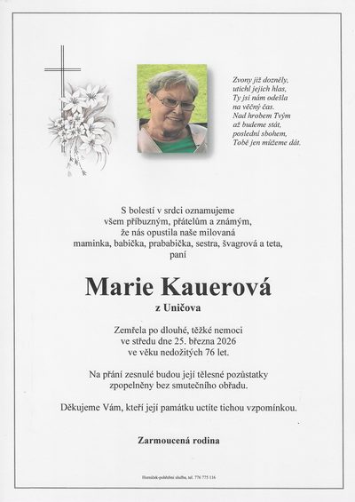 Smuteční oznámení – Marie Kauerová