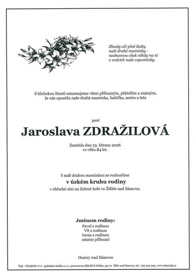 Smuteční oznámení – Jaroslava ZDRAŽILOVÁ