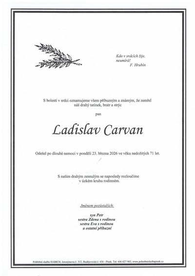 Smuteční oznámení – Cadislav Carvan
