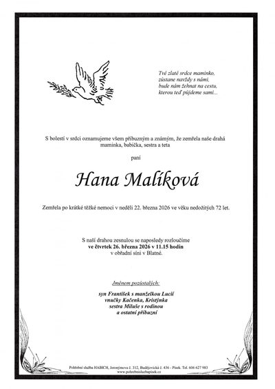 Smuteční oznámení – Jana Malíková
