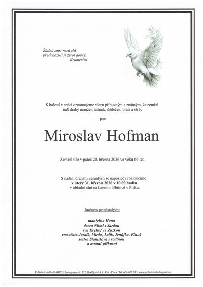 Smuteční oznámení – Miroslav Hofman