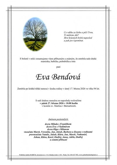 Smuteční oznámení – Eva Bendová