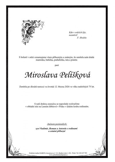 Smuteční oznámení – Miroslava Pelíšková