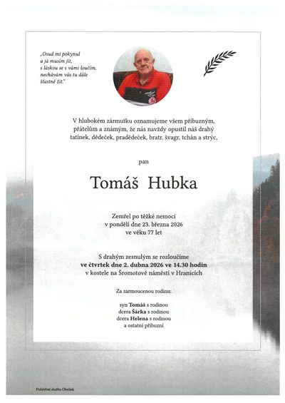 Smuteční oznámení – Tomáš Hubka