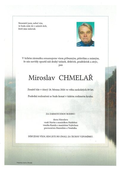 Smuteční oznámení – Miroslav Chmelař