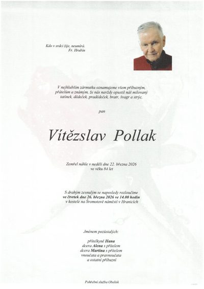 Smuteční oznámení – Vítězslav Pollak