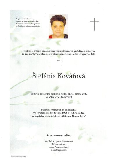 Smuteční oznámení – Štefánia Kovářová