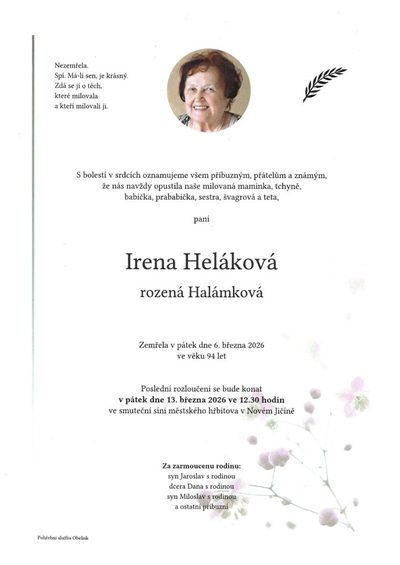 Smuteční oznámení – Irena Heláková
