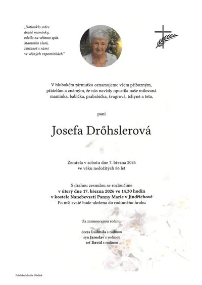 Smuteční oznámení – Josefa Dróhslerová