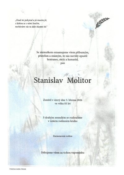 Smuteční oznámení – Stanislav Molitor