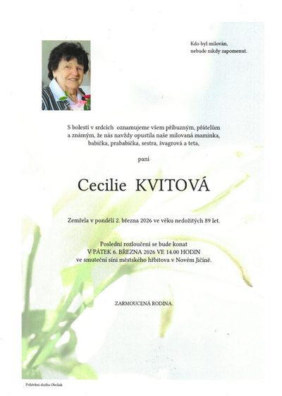 Smuteční oznámení – Cecilie Kvitová