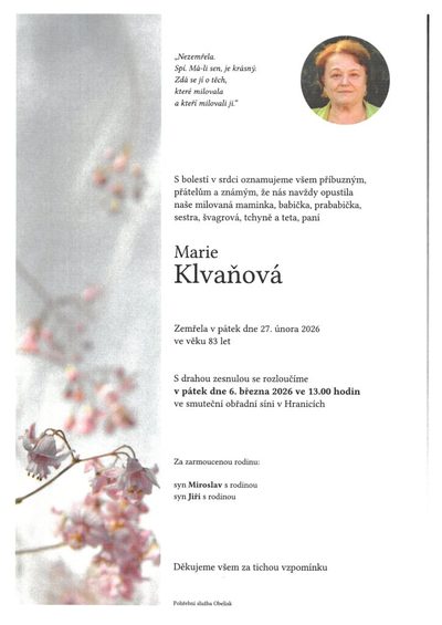 Smuteční oznámení – Marie Klvaňová