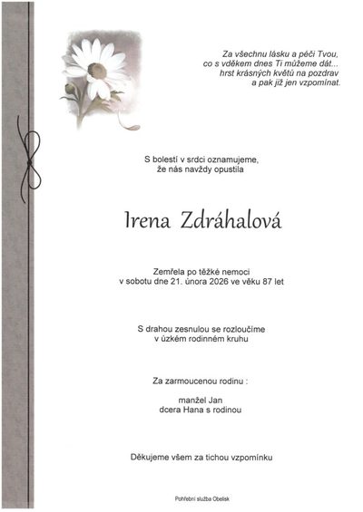 Smuteční oznámení – Irena Zdráhalová