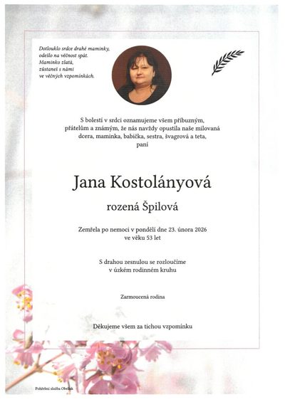 Smuteční oznámení – Jana Kostolányová