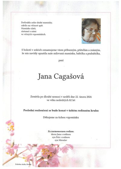 Smuteční oznámení – Jana Cagašová