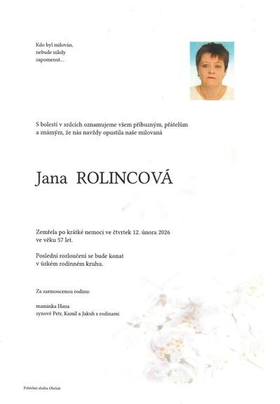 Smuteční oznámení – Jana Rolincová
