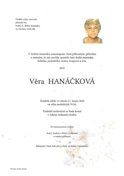 Smuteční oznámení – Věra Hanáčková